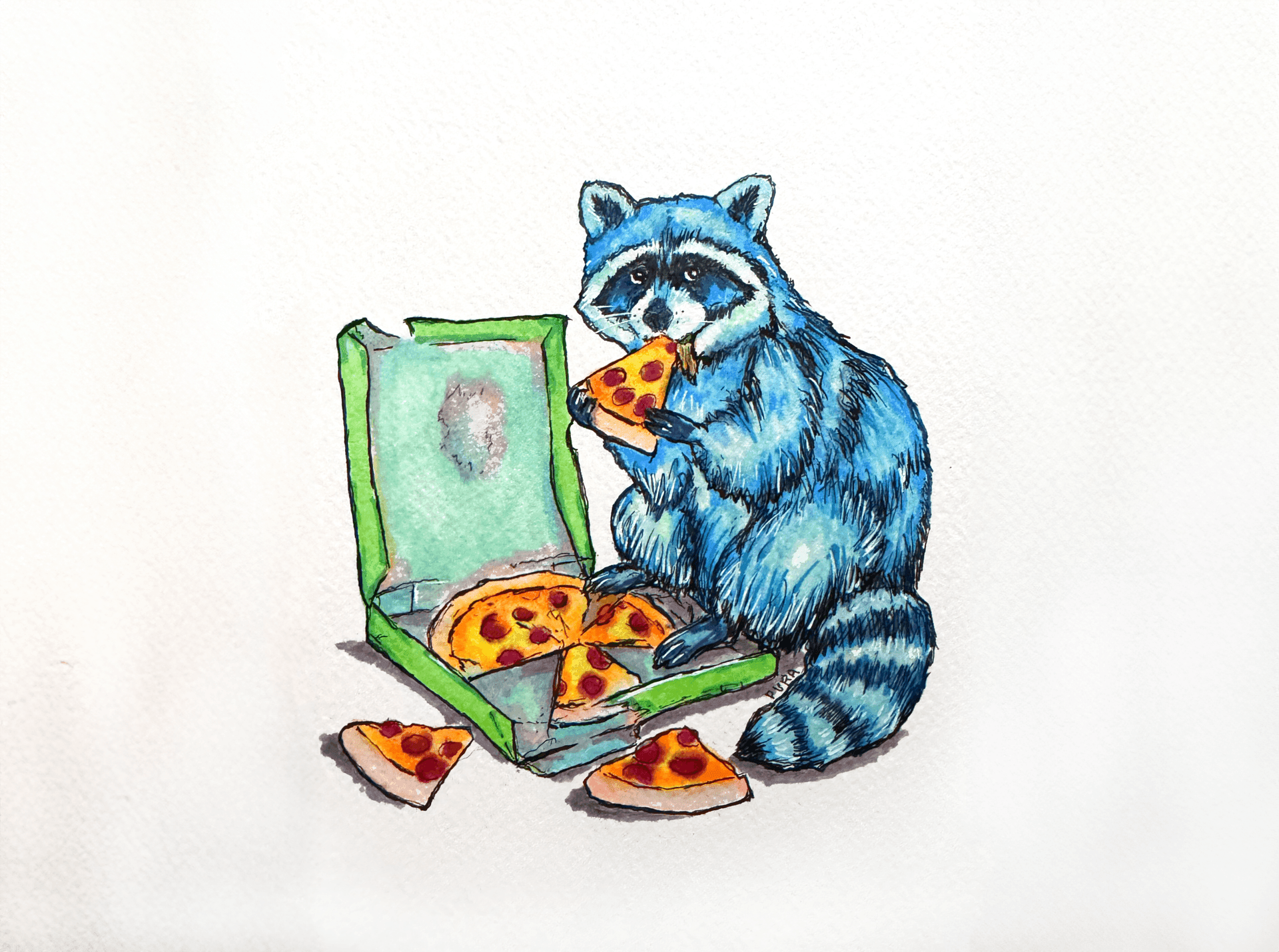 Watercolor painting of a raccoon eating pizza from an open box with slices scattered around.