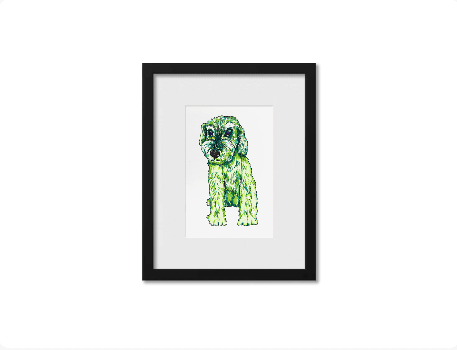 Framed illustration of a green dog with expressive eyes on a white background.